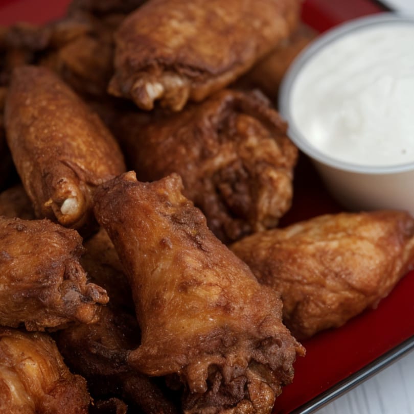 A close-up of crispy fried chicken wings on a red plate with a side of ranch dressing.