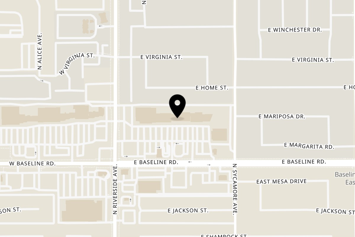 Map showing the location of Big Rs Pizza and Wings on 208 E Baseline Rd in Rialto